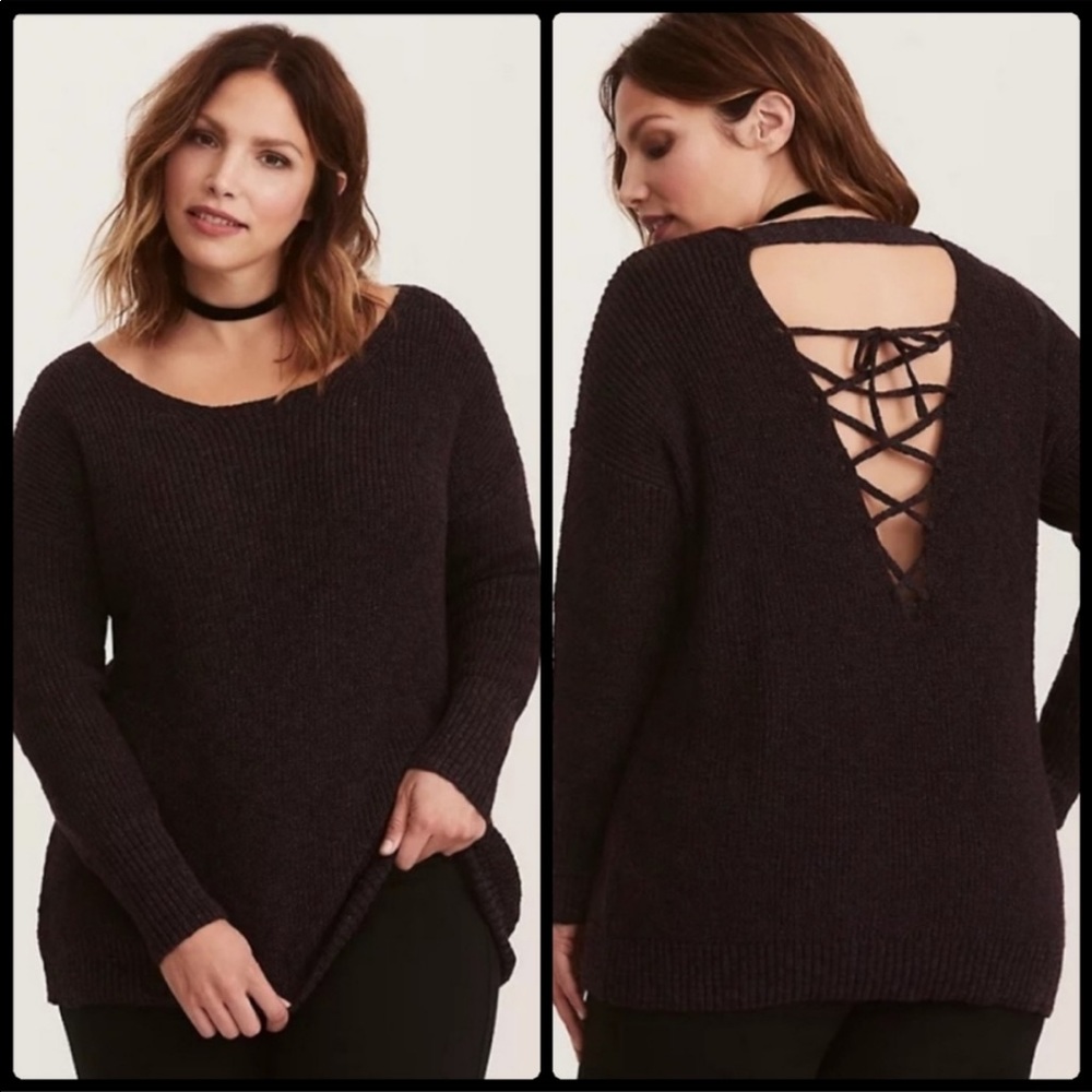 Women's Black Sweater with Lace-Up Back